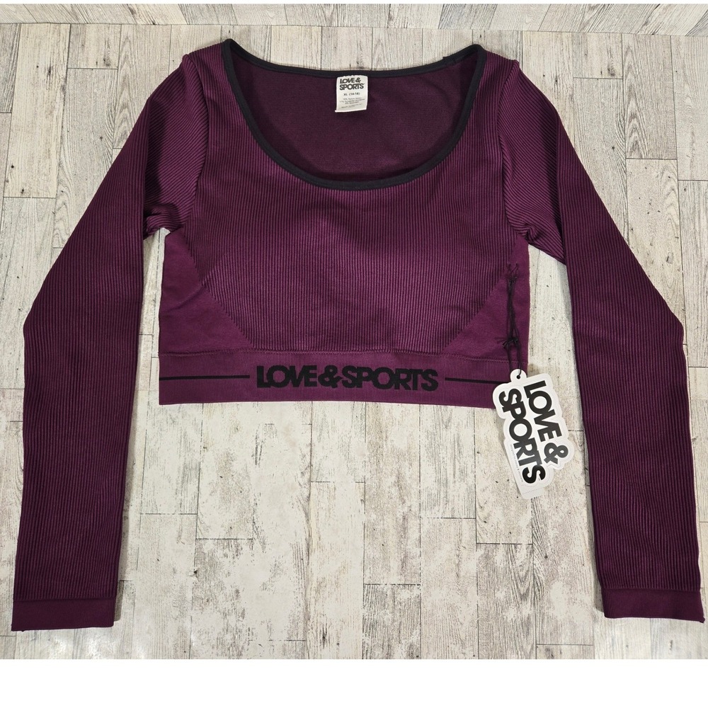 Love & Sports Womens XL Seamless Crop Long Sleeve Tee Purple Padded LS431028